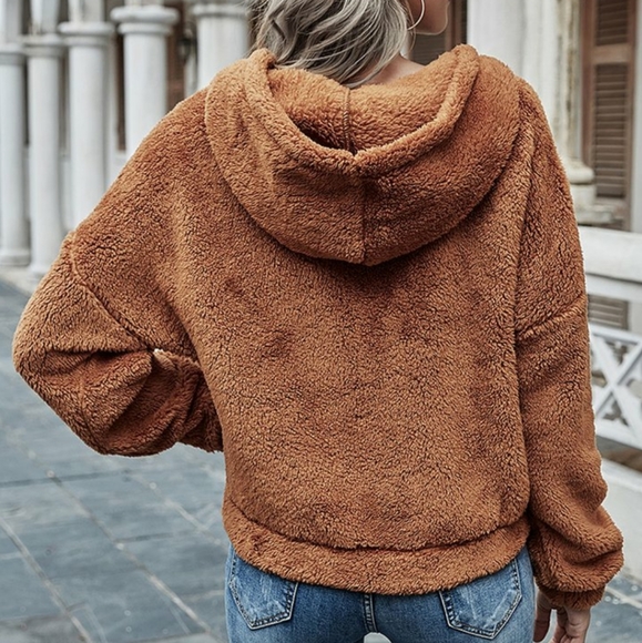 Brown Plush V-Neck Hooded Longsleeve Pullover - Picture 3 of 5